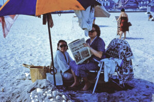 Mom and Nan enjoying the shade at the shore (1962)